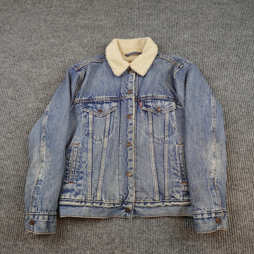 Levis Premium Denim Jacket Mens Small Blue Sherpa Lined Bomber Button Insulated